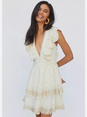 FARM Rio Ivory Eyelet Ruffle V-Neck Dress with Multicolor Beaded Dots